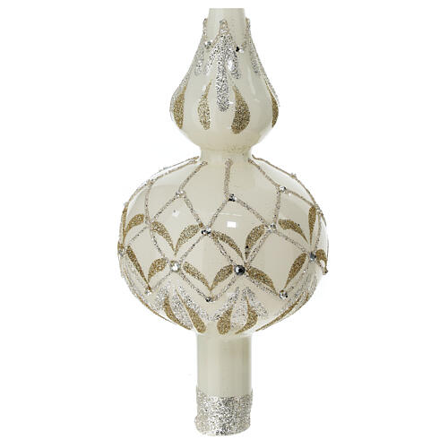 Polished white Christmas tree topper with glittery pattern, 35 cm, blown glass 2