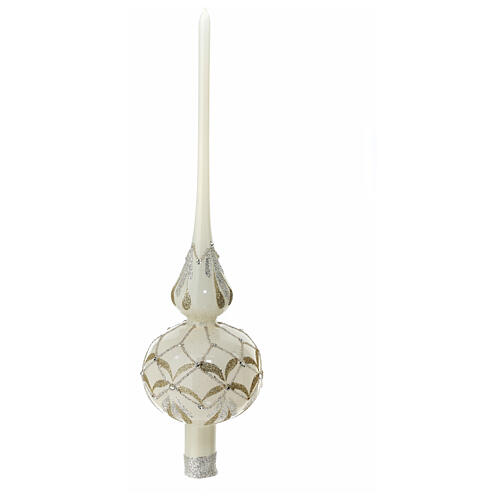 Polished white Christmas tree topper with glittery pattern, 35 cm, blown glass 3
