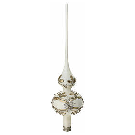Ivory Christmas tree topper with golden flowers and rhinestones, 35 cm, blown glass