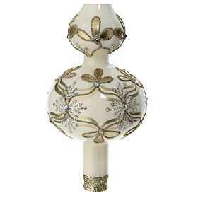 Ivory Christmas tree topper with golden flowers and rhinestones, 35 cm, blown glass