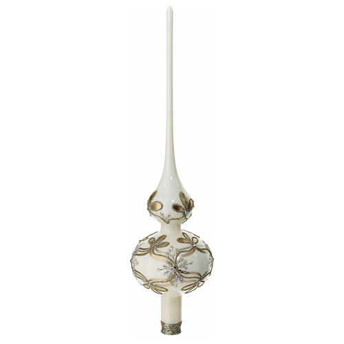 Ivory Christmas tree topper with golden flowers and rhinestones, 35 cm, blown glass 1