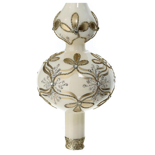 Ivory Christmas tree topper with golden flowers and rhinestones, 35 cm, blown glass 2