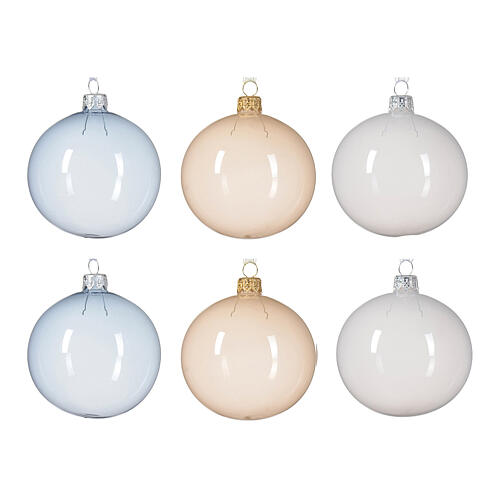 Weihnachtsbaumkugeln, 6-teiliges Set, sortiert, Weiß/Himmelblau/Pfirsich, transparent, 80 mm, geblasenes Glas 4