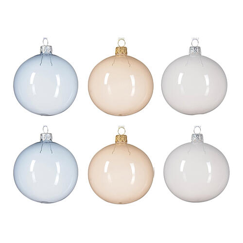 Christmas balls of 80 mm, white, peach and cerulean clear blown glass 4