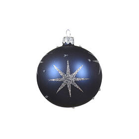 Weihnachtsbaumkugeln, 6-teiliges Set, sortiert, mit Sternendekor, Weiß/Himmelblau/Mitternachtsblau, matt/glänzend, 80 mm, geblasenes Glas