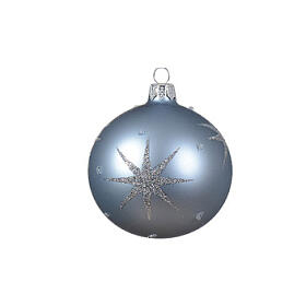 Weihnachtsbaumkugeln, 6-teiliges Set, sortiert, mit Sternendekor, Weiß/Himmelblau/Mitternachtsblau, matt/glänzend, 80 mm, geblasenes Glas