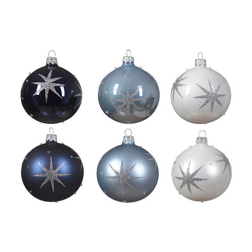 Christmas balls of 80 mm, white, cerulean and dark blue blown glass, matte and glossy finish with glittery star 4
