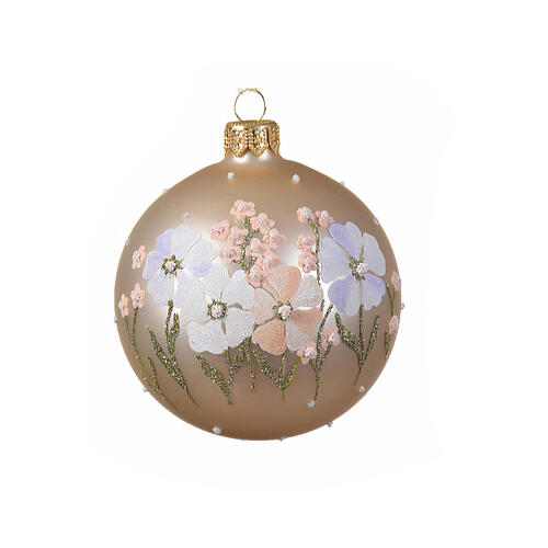 Pallina Natale decorate fiori oro bianco opaco vetro soffiato 80 mm 1