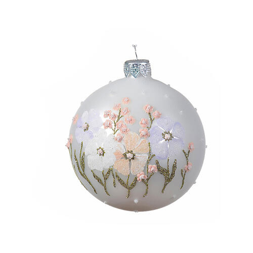 Christmas bauble decorated with flowers in matte white gold in blown glass 80 mm 2