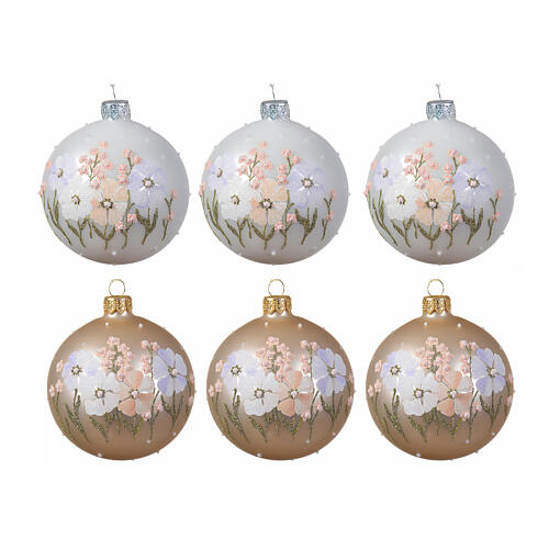 Christmas bauble decorated with flowers in matte white gold in blown glass 80 mm 3