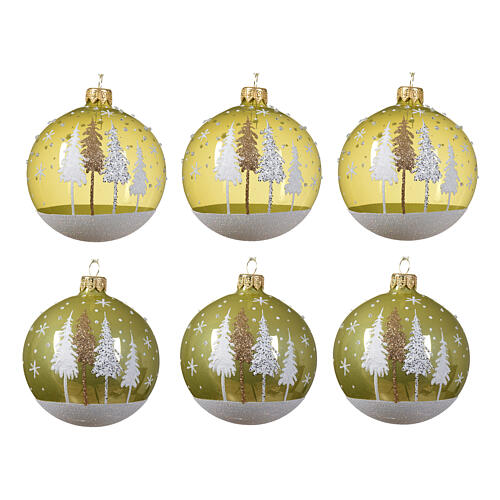 Christmas balls, set of 6, shiny or clear pistachio green with pines, 80 mm 2
