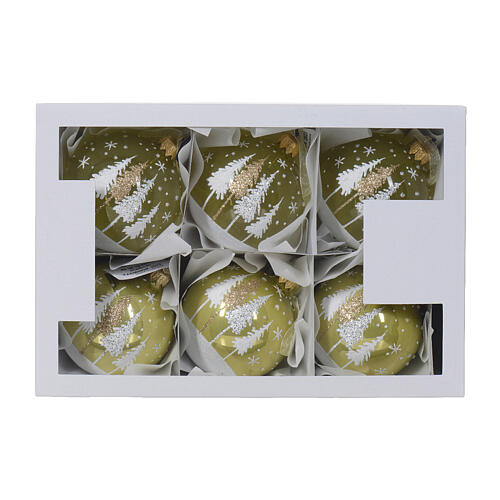 Christmas balls, set of 6, shiny or clear pistachio green with pines, 80 mm 4