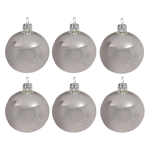 Set of 6 shiny silver Christmas baubles 60 mm blown glass 1