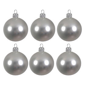 Bombki bożonarodzeniowe srebrne, szkło dmuchane wyk. matowe, 60 mm, zestaw 6 sztuk