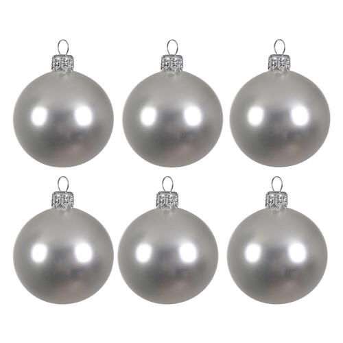 Set of 6 Christmas baubles in matte silver finish, 60 mm blown glass 1