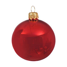 Set of 6 Christmas balls, shiny red blown glass, 60 mm