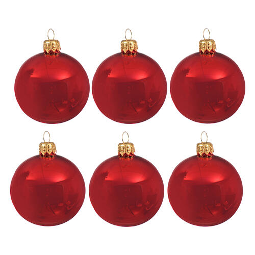 Set of 6 Christmas balls, shiny red blown glass, 60 mm 1