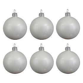 Set of 6 Christmas balls, shiny white blown glass, 60 mm