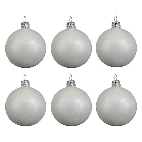 Set of 6 Christmas balls, shiny white blown glass, 60 mm 1