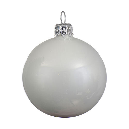 Set of 6 Christmas balls, shiny white blown glass, 60 mm 2