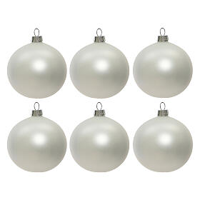 Set of 6 Christmas balls, matte white blown glass, 60 mm