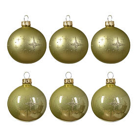 Weihnachtsbaumkugeln, 6-teiliges Set, sortiert, mit Sternendekor, Pistaziengrün, matt/glänzend, 60 mm, geblasenes Glas