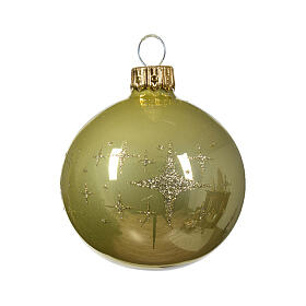 Weihnachtsbaumkugeln, 6-teiliges Set, sortiert, mit Sternendekor, Pistaziengrün, matt/glänzend, 60 mm, geblasenes Glas
