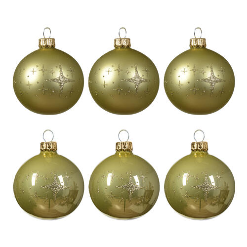 Weihnachtsbaumkugeln, 6-teiliges Set, sortiert, mit Sternendekor, Pistaziengrün, matt/glänzend, 60 mm, geblasenes Glas 1