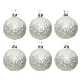 Set of 6 Christmas balls, icy-white blown glass, 60 mm