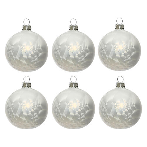 Set of 6 Christmas balls, icy-white blown glass, 60 mm 1
