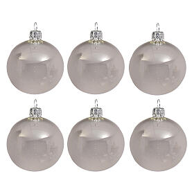 Christmas balls, set of 6, polished silver blown glass, 80 mm