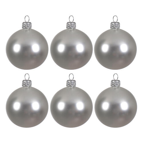 Christmas balls, set of 6, matte silver blown glass, 80 mm 1