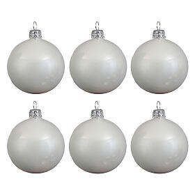 Weihnachtsbaumkugeln, 6-teiliges Set, Weiß, glänzend, 80 mm, geblasenes Glas