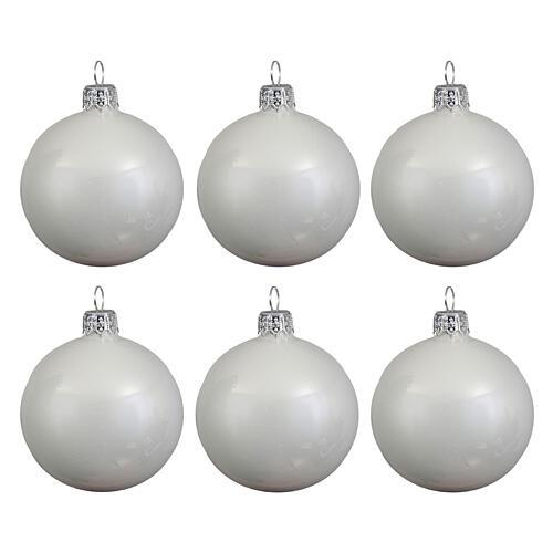 Weihnachtsbaumkugeln, 6-teiliges Set, Weiß, glänzend, 80 mm, geblasenes Glas 1