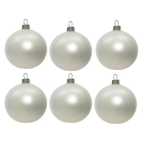 Set of 6 Christmas balls, matte white blown glass, 80 mm 1