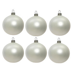 Set of 6 matte white blown glass Christmas baubles 80 mm