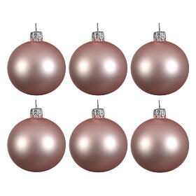 Set of 6 pcs powder pink Christmas baubles in blown glass 80 mm