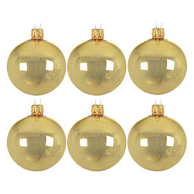 Set of 6 pcs shiny golden Christmas baubles 80 mm blown glass