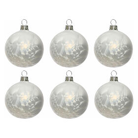 Icy white Christmas balls, set of 6, blown glass, 80 mm