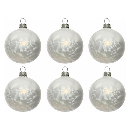 Set of 6 ice white blown glass Christmas baubles 80mm 1