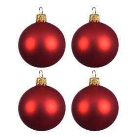 Set of 4 matte red Christmas balls, blown glass, 100 mm