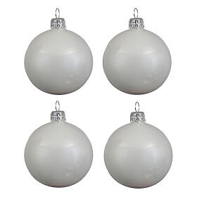 Set of 4 white Christmas baubles in glossy enameled blown glass 100mm