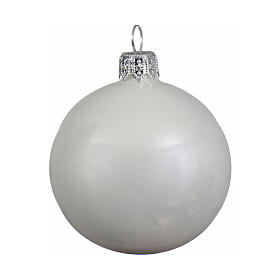 Set of 4 white Christmas baubles in glossy enameled blown glass 100mm
