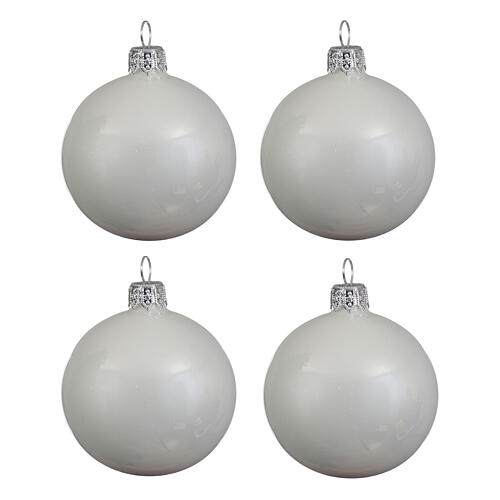 Set of 4 white Christmas baubles in glossy enameled blown glass 100mm 1