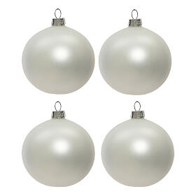 Set of 4 Christmas balls, matte white blown glass, 100 mm