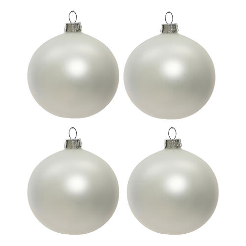 Set of 4 Christmas balls, matte white blown glass, 100 mm 1
