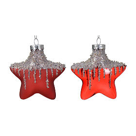 Set of 2 Christmas tree decorations, red stars with silver glitter