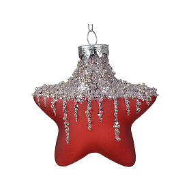 Set of 2 Christmas tree decorations, red stars with silver glitter
