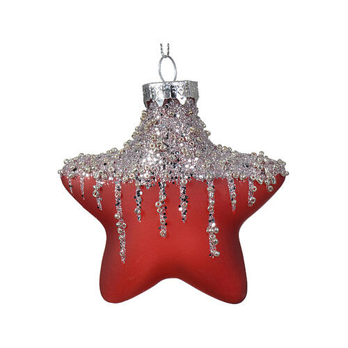 Set of 2 Christmas tree decorations, red stars with silver glitter 2