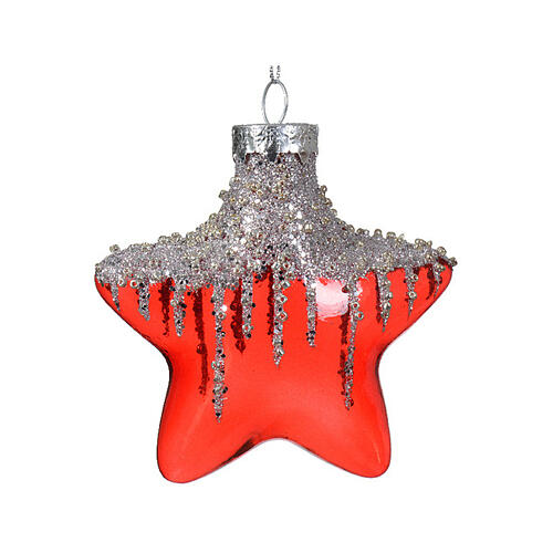 Set of 2 Christmas tree decorations, red stars with silver glitter 3